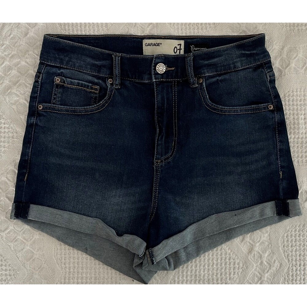 Garage Women's Cuffed High Rise Dark Wash Stretch Denim Blue Jean Shorts Size 7 - Picture 1 of 5